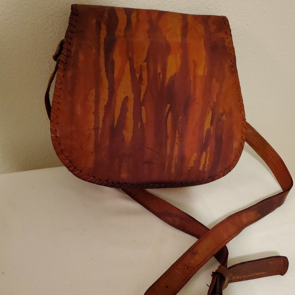 western boho cowgirl leather bag camo brown tan purple hippie tie dyed crossbody - Picture 2 of 4